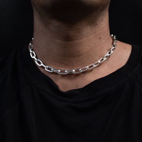 This small rectangular chain link necklace is s stunning statement piece for both women and men, This gothic, punk-rock style necklace can be worn casual or dressy. Choose a choker style length or adorn as a layering piece. Available only in 925 Sterling Silver. 100% Handmade in Bali, Indonesia 100% Original Design Free Re-sizing & Exchanges Free Shipping to the USA from Bali (all other countries are calculated at checkout) Solid Gold Options Available (custom quote) Chain Length 16 inches / Silver Necklace For Men, Chain Silver Necklace, Men Choker, Chain Link Necklace Silver, Sterling Silver Skull Rings, Chunky Choker, Sterling Silver Choker, Silver Chain For Men, Choker Chain