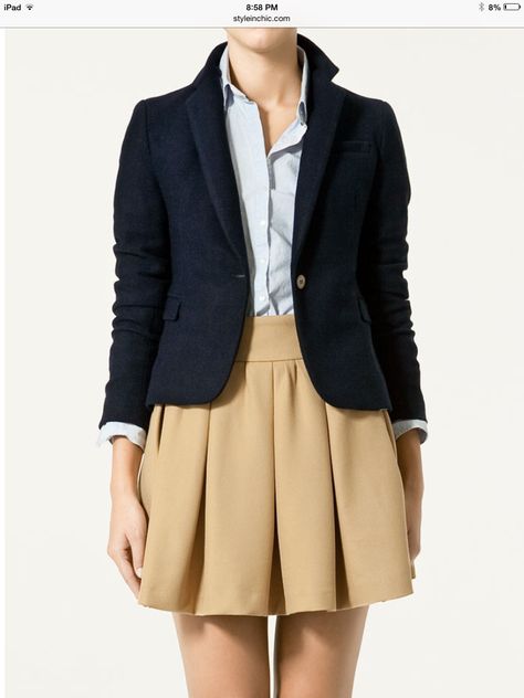 Navy blazer and khaki shirt Uniform Ideas, Uniform Style, Conservative Fashion, School Uniform Fashion, School Uniform Outfits, Kids Uniforms, Pleat Skirt, Zara Fashion, School Dresses