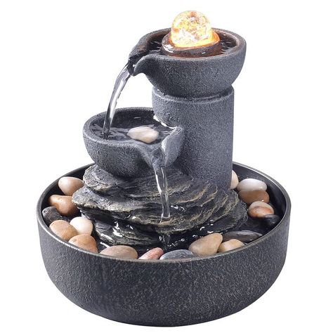 GOSSI Tabletop Fountain Indoor Fountain 2-Tiered Water Fountain Meditation Decorative Waterfall Fountain w/ LED/Cobblestone/ Glass Rolling Ball Soothing Sounds for Office and Home Wall Plants Indoor, Fountain Indoor, Water Wall Fountain, Indoor Plant Wall, Wall Plant Hanger, Tabletop Water Fountain, Apartment Wall Decor, Indoor Waterfall, Meditation Decor