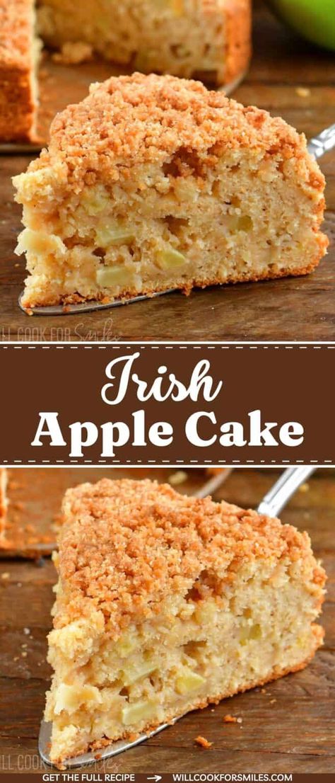 Irish Apple Cake is an easy to make, old fashioned cake that's packed with juicy apples, warm spices, and topped with a sweet, crunchy crumble topping. Enjoy a slice of this moist cake with a as an after-dinner treat or an afternoon snack. Perfect as St. Patrick's Day dessert. Cake With Custard Sauce, Pudding Sauce, Old Fashioned Cake, Cake With Custard, Irish Dessert Recipes, Irish Desserts Traditional, Irish Cake, Irish Apple Cake, Irish Recipes Authentic