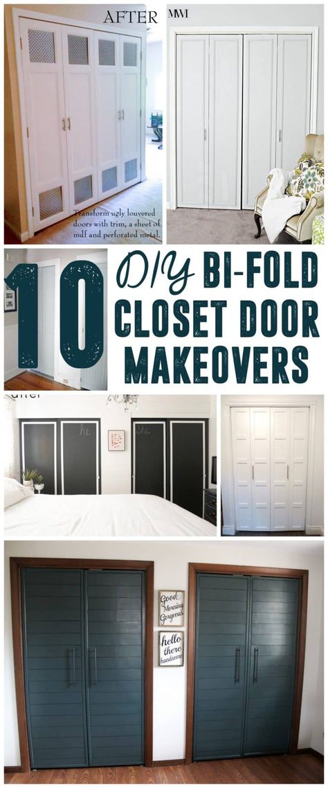 Ideas to replace our bedroom closet doors. I really dislike louvered doors and those sliders that close off half the door, but our closet is in an awkward place and that is all that will fit. At least there are some ways of making them look nice. Bifold Door Ideas, Bifold Doors Makeover, Folding Closet Doors, French Closet Doors, Diy Closet Doors, Bedroom Closet Doors, Door Makeover Diy, Closet Door Makeover, Hallway Closet