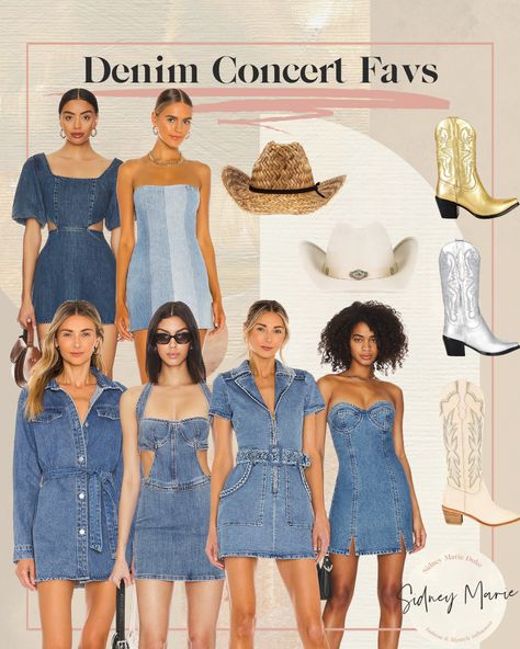 Party Denim Outfit, Denim Outfits For Concert, Denim On Denim Outfit Nashville, Denim Dress With Cowgirl Boots, Bachelorette Party Denim Outfits, Denim Diamonds Theme Outfit Bachelorette Party, Nashville Bachelorette Party Outfit Denim, Denim Theme Outfit, Denim Cowgirl Bachelorette