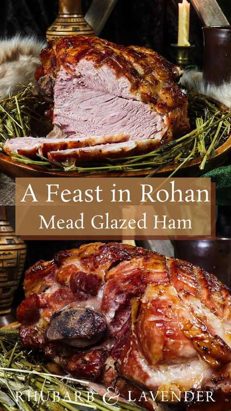 A slow roasted ham baked in hay for a sweet grassy aroma and brushed with a mead glaze that becomes sticky and caramelized. This recipe is inspired by the Kingdom of Rohan from JRR Tolkien's The Lord of the Rings, and is the perfect succulent entrée for an autumn feast or a LOTR themed party. Medieval Christmas Food, Lord Of The Rings Meals, Lord Of The Rings Feast, Hobbit Food Ideas, Lord Of The Rings Inspired Food, Lotr Food Ideas, Hobbit Food Recipes, Lotr Feast, Medieval Food Recipes