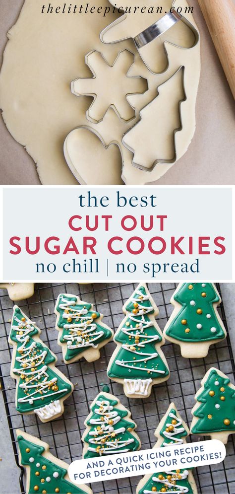 sugar cookies being cut out then served decorated with icing and sprinkles Best Sugar Christmas Cookies, Cut Out Cookie Recipe No Chill, Sugar Cookie No Chill Recipe, Soft Chewy Cut Out Sugar Cookies, No Chill Cutout Cookies, Soft Christmas Sugar Cookies Recipe, Sugar Cookies To Cut Out, Cutable Sugar Cookie Recipe, Cutout Sugar Cookies No Chill