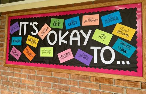 Idea for bulletin board "Its okay to..." Give And Take Bulletin Board, It’s Okay To Bulletin Board, Restorative Practice Bulletin Board, Excellence Bulletin Board Ideas, Meaningful Bulletin Board Ideas, Business Teacher Bulletin Boards, Staffroom Bulletin Board Ideas, Back To School Counselor Bulletin Boards, Bulletin Board Ideas Motivational