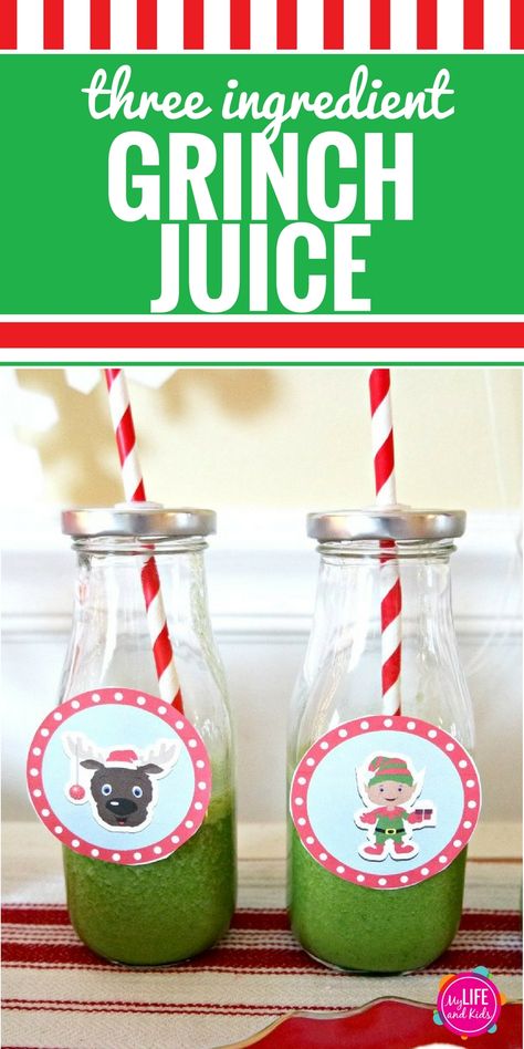 We have a new favorite drink at our house - Grinch Juice! It's so simple to make, and it tastes so good. Your kids will never even know that they're drinking spinach! Follow this simple recipe to serve Grinch Juice every morning. This healthy recipe for kids is easy and delicious. #FloridasNatural #ad #healthy #GrinchJuice #brunch #kidsmoothies #smoothierecipes Grinch Juice For Kids, Grinch Juice, Grinch Drink, Juice Recipes For Kids, Halloween Juice, Kids Juice, Party Drinks Alcohol, Recipe For Kids, Christmas Games For Kids