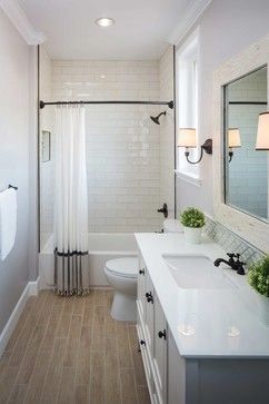 Bathroom Tub Shower Combo, Makeover Kamar Mandi, Wood Floor Bathroom, Bathroom Tub Shower, Small Remodel, Hall Bathroom, Bathroom Tub, Guest Bathrooms, Trendy Bathroom