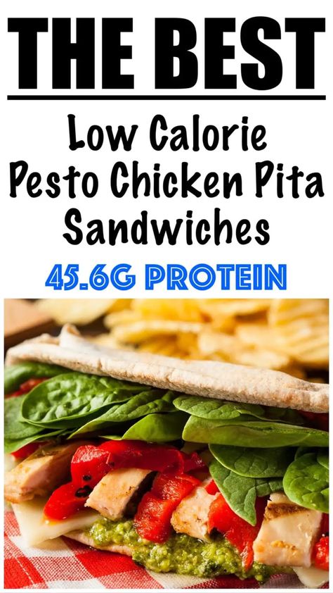 Low Calorie Pesto Chicken Pita Sandwich Recipe Low Calorie Pesto, Chicken Pita Sandwich, Chicken Pita Recipes, Pita Pocket Recipes, Pita Recipe, Pita Sandwich, Chicken Pesto Sandwich, 500 Calories Recipes, Pita Recipes