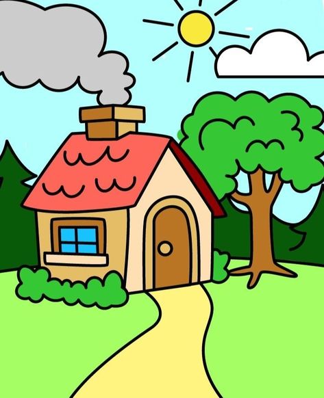 Nature Drawing For Kids, Drawing Pictures For Kids, House Drawing For Kids, Beginner Drawing Lessons, Story Drawing, Baby Art Projects, Diy Crafts Bookmarks, Kids Art Class, Easy Drawings For Kids