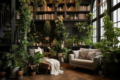 Modern Living Room With Plants, Window Interior Design, Sofa Bookshelf, Living Room With Plants, Indoor Plants Decor, Window Interior, Library Aesthetic, Living Room Plants, Plants Decor