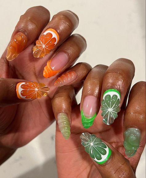 Lemon Drop Nails, Citrus Nail Designs, Square Fruit Nails, Kiwi Nails Acrylic, Jelly Fruit Nails, Lime Nails Ideas, Fruit Nails Art, Fruit Acrylic Nails Design, Crazy Cool Nails