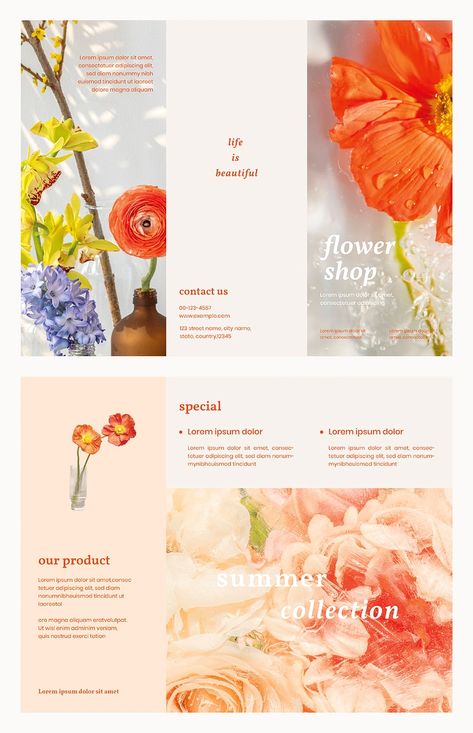 Tri-fold brochure template vector flower style set | premium image by rawpixel.com / Aew Beauty Brochures, Company Brochure Design, Brochure Design Layouts, Interior Design Template, Modern Brochures, Custom Ipad, Fold Brochure, Flower Company, Plant Shop