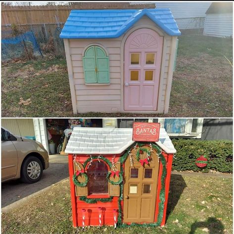 Christmas Play House Diy, Playhouse Gingerbread Makeover, Playhouse Christmas Makeover, Christmas Playhouse Makeover, Playhouse Gingerbread House, Plastic Playhouse Makeover, Christmas Playhouse, Gingerbread Playhouse, Santa Grotto