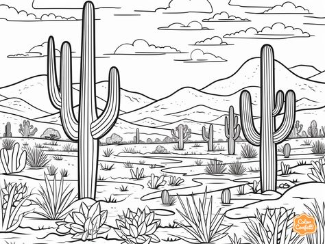 illustration of Arizona desert coloring adventure Arizona Coloring Pages, Coloring Page For Adults, Desert Landscapes, No Strings Attached, Arizona Desert, The Grand Canyon, Cool Coloring Pages, Desert Landscaping, Gouache Painting