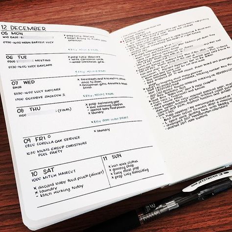 - last week's bullet journal layout in the Nuuna notebook. Still loving the mini dot grid and the A6 format - nice and compact for my everyday carry at work and for the nappy bag. Have gone back to weekly with notes layout for the time being. It's working better for rapid logging purposes during the week and I can look at everything planned for the week at a glance. Not a fan of having to draw up the weeks in advance, so I'm only doing 8-week blocks then continuing on with notes and collectio... 5 Minutes Journal, Bullet Journal Minimalist, How To Bullet Journal, Bullet Journal Page, Bullet Journel, Bullet Journal Weekly Spread, Dot Journals, Dot Grid, Bujo Inspiration