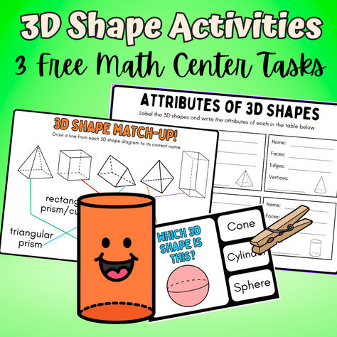 These FREE 3D Shape activities aim at helping your students match 3D shapes to their names and identify attributes of 3D shapes like vertices, edges and faces. The sample activities include clip cards, fill-in sheets and match-ups and are ideal for 2nd grade or 3rd grade math centers (laminate or use in plastic pockets) or as regular worksheets.  Some un ways to practice 3D Shape attributes and some fresh ideas for your shape centers!  Follow me for more fun freebies like this every Friday! 3d Shape Activities, Shape Centers, 3rd Grade Math Centers, Shape Attributes, 3d Shapes Activities, Math Early Finishers, Free Math Printables, Shape Activities, Shapes Worksheets