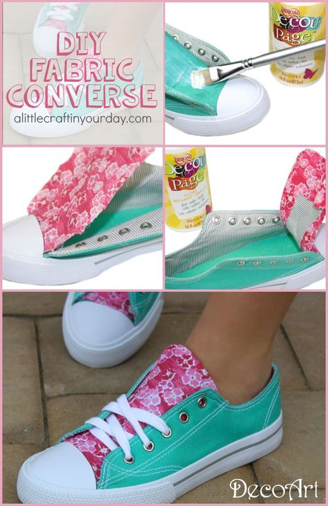 DIY Fabric Accent Sneakers - A Little Craft In Your DayA Little Craft In Your Day Diy Sneakers, Diy Fabric Crafts, Diy Vetement, Shoe Crafts, Diy Shoes, Painted Shoes, Diy Fabric, Unique Ideas, Custom Shoes