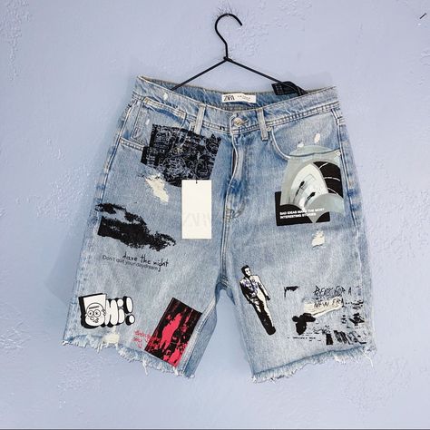 Shorts Painted, Punk Shorts, Zara Mens, Zara Denim Jeans, Zara Man Jeans, Blue Shorts Men, Mens Jean Shorts, Mens Denim Shorts, Straight Fit Denim