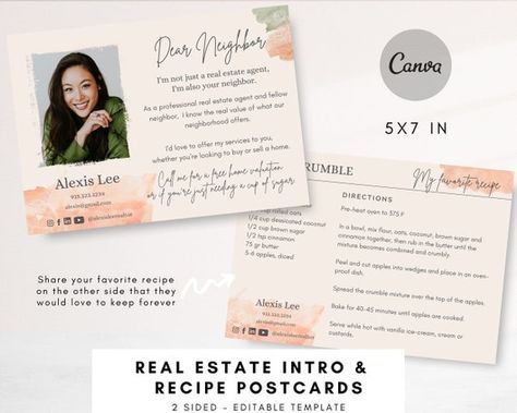 Check out this item in my Etsy shop https://www.etsy.com/nz/listing/1028317502/real-estate-intro-with-recipe-card Business Postcards, Real Estate Memes, Real Estate Postcards, Real Estate Agent Marketing, Real Estate Business Cards, Recipe Card, Real Estate Business, Business Card Template, Recipe Cards