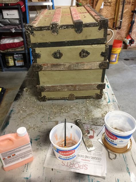 By removing three layers of paint from the wood and metal on this trunk, it went from drab to fab! Trunk Refinishing Ideas, Trunk Decorating Ideas Living Rooms, Old Trunk Redo, Vintage Trunks Makeover, Antique Trunk Makeover, Shabby Chic Trunk, Remove Paint From Metal, Trunk Redo, Antique Trunk Restoration