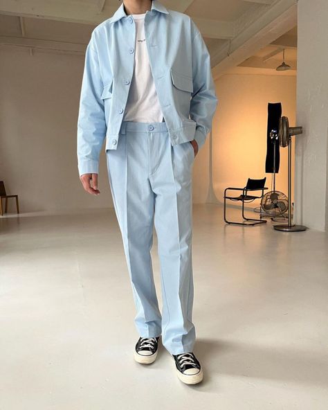 Blue And White Outfit Men, Blue And White Outfit Ideas, Blue Outfit Men, Soft Aesthetic Outfits, Sky Blue Outfit, Blue And White Outfits, Competition Outfit, Party Outfit Men, Semi Formal Outfit