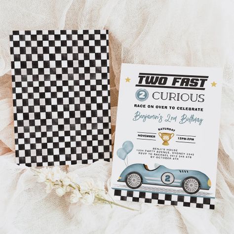 Two Fast 2 Curious Blue Vintage Car Boy Birthday for $3.08 - Birthday Invitations Two Fast Too Curious Birthday, Two Fast Too Curious, Two Fast Birthday Party Boy, Two Fast Two Curious Birthday, Two Fast 2 Curious, Two Fast Two Curious, Growing Up Two Fast, Two Fast Birthday Party, 2nd Birthday Boy