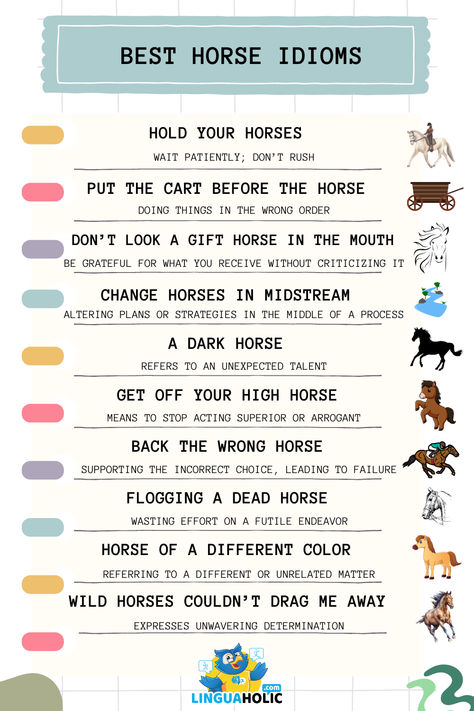 Saddle up for a ride through the most captivating horse idioms! From 'Hold Your Horses' to 'Wild Horses Couldn't Drag Me Away,' explore the fascinating world of equine-inspired expressions. Discover their meanings and add a dash of equestrian charm to your language repertoire! 🐴✨ #HorseIdioms #English #EnglishExpressions #Horses Horse Language, Idiomatic Expressions, English Horse, World Languages, June 2024, Horse Breeds, Wild Horses, Beautiful Horses, Learn English