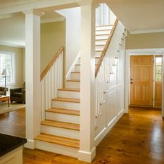 Support Beams Open Up Load Bearing Wall Home Design Ideas, Pictures, Remodel and Decor Farmhouse Staircase, New England Farmhouse, Traditional Staircase, Diy Wainscoting, Staircase Remodel, Open Staircase, Coastal Living Rooms, Living Room Remodel, Room Remodeling