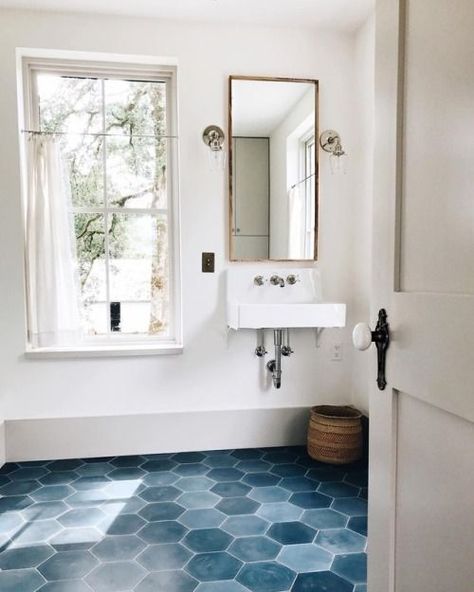 (via Paige Jones) Blue Floor Tile, Blue Tile Floor, Blue Bathroom Tile, White Appliances, Blue Tile, Downstairs Bathroom, Upstairs Bathrooms, Stylish Bathroom, Bathroom Floor Tiles