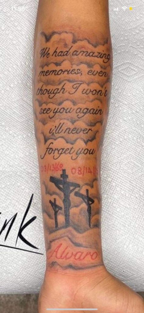 Male Memorial Tattoos, Even Though I Walk Through The Valley Tattoo Men, Grandad Tattoo For Men, Arm Tattoo Men Bible Verse, Faith Family Freedom Tattoo, Brother Tribute Tattoos, Brother Passing Tattoos, Forearm Memorial Tattoos For Men, Half Sleeve Tattoos For Moms