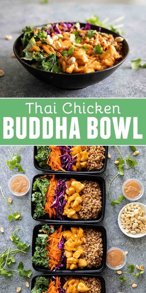 Filled with veggies, hearty farro and a spicy chicken, this Thai Chicken Buddha Bowl will leave you craving for more. Don’t forget the spicy peanut sauce! Chicken Buddha Bowl, Buddha Bowl Sauce, Buddha Bowl Recipe, Buddha Bowls Recipe, Healthy Bowls Recipes, Spicy Peanut Sauce, Healthy Bowls, Thai Chicken, Buddha Bowl