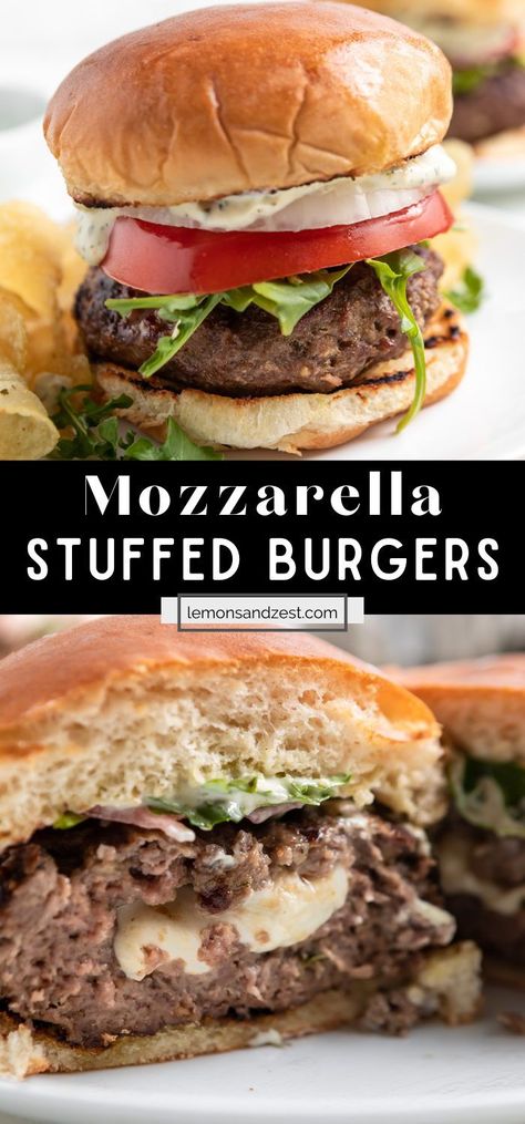 These simple stuffed Mozzarella Burgers are so delicious and a perfect crowd pleaser for any BBQ. A juicy burger seasoned and oozing with melty mozzarella--no one can resist. Piled high and topped with a pesto mayo--this one will be a weekly must for grilling season. Cheeseburger Recipes Homemade, Best Homemade Burgers, Pesto Mayo, Juicy Lucy Burger, Stuffed Burgers, Bison Burgers, Juicy Burger, Mozzarella Recipes, Grilled Burgers