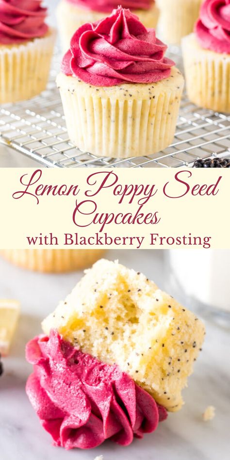 Blackberry Frosting, Poppy Seed Cupcakes, Lemon Poppy Seed Cupcakes, Spring Recipes Dessert, Spring Cupcakes, Spring Baking, Summer Baking, Lemon Poppy Seed, Lemon Poppy