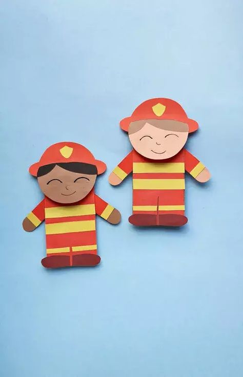 These paper bag firefighters are the perfect craft for a sunny afternoon with your kids. Being out of school allows for more time together. What better way to spend time together than doing a fun craft? Grab a paper bag, craft paper, glue, scissors, and a pencil and sharpie and you'll be ready to make these cute firefighter puppets. To make it sillier, add some googly eyes instead of using paper. You kids will love using these puppets in their pretend play after they are done. Fireman Crafts, Fairy Glow Jars, School Age Crafts, Firefighter Crafts, Fire Crafts, Puppet Craft, Puppets For Kids, Construction Paper Crafts, Paper Bag Puppets