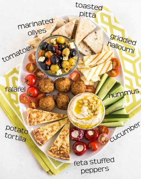 Platter Vegetarian, Vegetarian Mezze, Hummus Falafel, Vegetarian Dinner Party, Mezze Platter, Pitta Bread, Thanksgiving Appetizers, Party Platters, Easy Cheesy