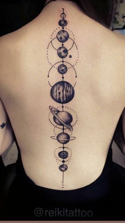 Spine Tattoo Designs, Tattoos For Ladies, Back Tattoo Women Spine, Planet Tattoos, Muster Tattoos, Space Tattoo, Spine Tattoo, Back Tattoo Women, Spine Tattoos