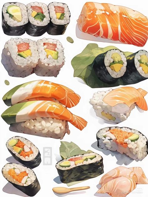 Food Study Art, Sushi Digital Art, Food Concept Art, Sushi Drawing, Food Art Painting, Studying Food, Food Drawings, Foodie Art, Food Sketch