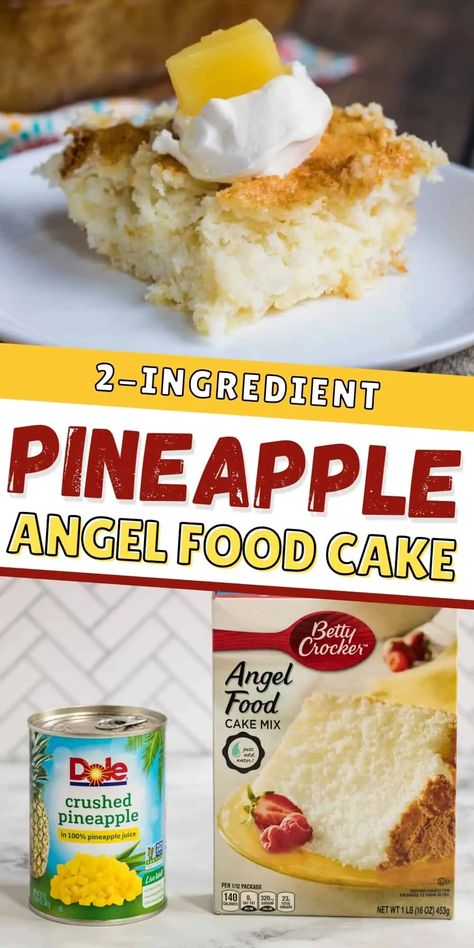 This easy 2-ingredient pineapple angel food cake is the epitome of quick and easy desserts. Simply combine angel food cake mix and crushed pineapple, then bake. That is all it takes for this heavenly pineapple cake! Angel Food Pineapple Dump Cake, Ww Angel Food Cake Crushed Pineapple, Angel Food Recipes, Quick Pineapple Dessert, 2 Ingredient Bars, Angelfood Pineapple Cake, Angel Food Cake Mix Ideas, Quick Cake Mix Desserts, 2 Ingredient Cake Mix Recipes