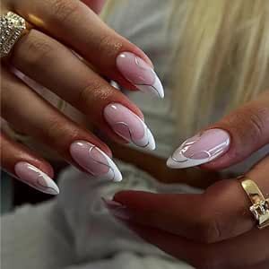 White French Tip With Silver Line, White French With Design, Graduation Nails Almond, Simple Manicure, White French Tips, Nails With Silver, Curve Line, White French Nails, Almond Press On Nails