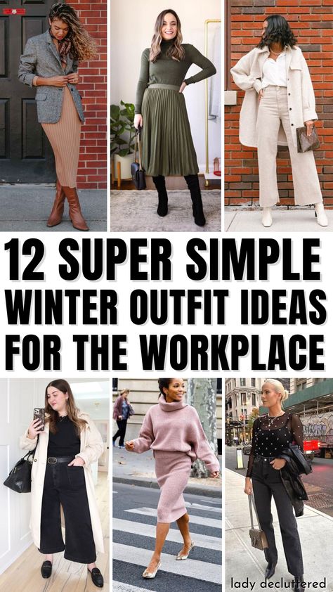 Winter is upon us, and dressing for work during the season can be a challenge. However, keeping it simple is key. You don’t need to overcomplicate things to stay chic and stylish. Start with a neutral-colored sweater dress – comfortable and professional, it will keep you warm and looking great. Pair it with a pair of fleece-lined tights and some knee-high boots to complete the outfit... - Lady Decluttered | Winter Outfit Ideas for the Office Cute Work Winter Outfits, Cozy Fall Outfits For Work, Winter Dress Outfit Work Office Wear, Rainy Day Dress Outfit Winter, Work Outfit Tights, Winter Dress Professional, Professional Sweater Outfits, Bank Teller Outfit Winter, Warm Professional Outfit Winter