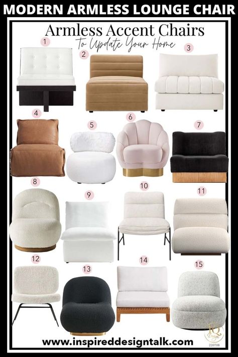 modern armless chair Slipper Chair Bedroom, Lounge Chair Ideas, Accent Chair Ideas, Armless Chair Living Room, Armless Accent Chairs, Side Chairs Bedroom, Beige Accent Chair, Armless Lounge Chair, Big Cushions