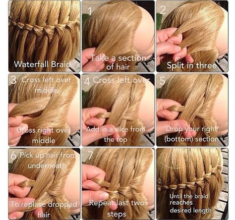 Waterfall Braid Tutorial, Hair Step By Step, Waterfall Hairstyle, Diy Braids, Split Hair, Fishtail Braid, Waterfall Braid, Braid Tutorial, Penteado Cabelo Curto