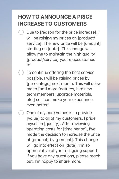 Are you thinking of raising your prices as a small business owner but don't know how to tell your clients. Here are some ideas for small businesses to communicated a price increase to customers. Business Relaunch Ideas, Policies For Small Business, Price Increase Announcement Post, Price Increase Announcement Salon, How To Price Your Products, Salon Price Increase Notice, Price Increase Notice, Salon Content, Goals 2025