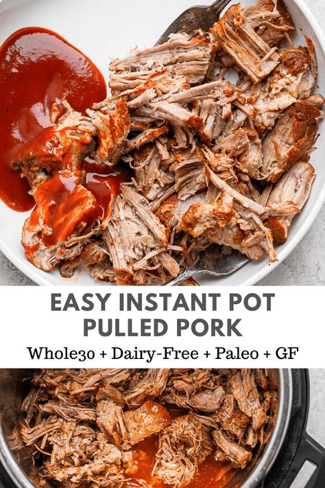 Instant Pot Pork Shoulder - a delicious and simple Instant Pot pulled pork recipe; perfect for a crowd or weekend meal prep!! (Whole30 + Paleo + GF) #pulledpork #instantpotpulledpork #easypulledpork #paleorecipes #healthyporkrecipes #whole30recipes Pressure Cook Pork Shoulder, Bone In Pork Butts In The Instant Pot, Instapot Pork Shoulder, Insta Pot Pulled Pork, Pork Butts In Instant Pot, Instapot Pulled Pork, Pork Shoulder Instant Pot, Instant Pot Pork Shoulder, Pulled Pork Instant Pot