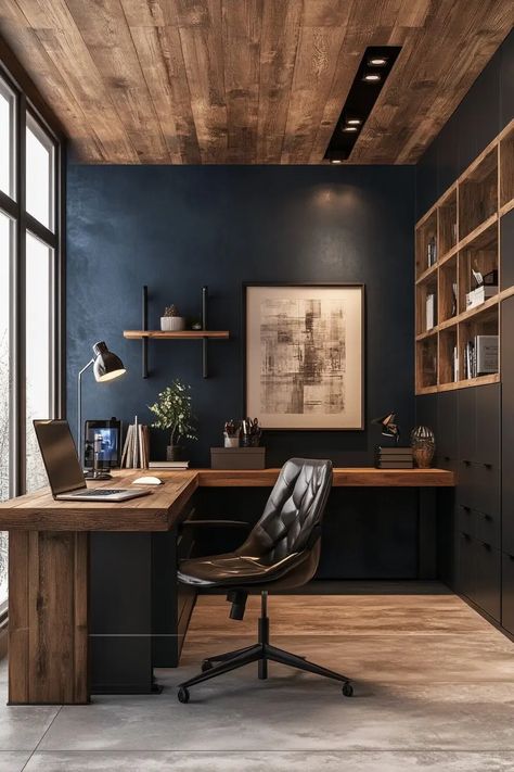 Dark Office Room Ideas, Home Office For Architect, Cozy Office Interior Design, Dark Office Ceiling, Dark Academia Scandinavian Interior, Dark Minimalist Office, Techy Home Office, Office Ideas Moody, Men’s Office Inspiration