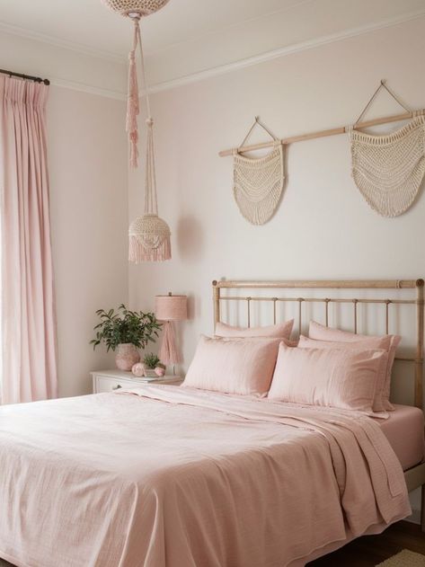 Create a summer-inspired bedroom aesthetic by incorporating shades of pink. Add a floral pink duvet cover, pair it with blush pink curtains, and finish the look with a rattan chair and a hanging macrame plant holder. Blush Pink Curtains, Rattan Bedroom, Bedroom Vibes, Summer Bedroom, Pink Duvet, Pink Duvet Cover, Pink Curtains, Macrame Plant Holder, Hanging Macrame