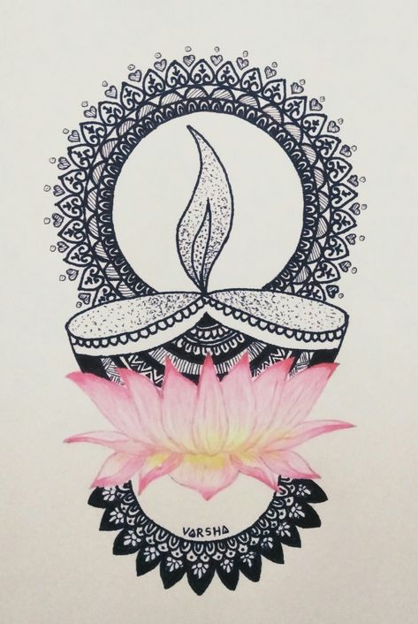 My first mandala drawing with watercolor flower, reference from Doodle H (YT). #mandala #art #diwali #diya #lotus #watercolor #easy #forbeginners #mandalafordiwali Mandala Diwali Drawing, Aesthetic Diwali Drawing Ideas, Mandala Art Lotus Flowers, Drawing Pics Sketch, Diya Drawing For Diwali, Sketch For Diwali, Diwali Sketch Ideas, Lotus Rangoli Designs Diwali, Lotus Doodle Art