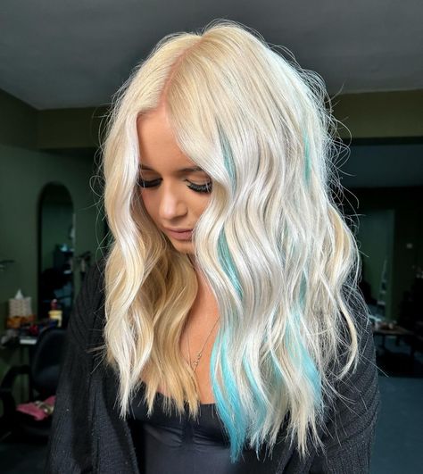 Blonde With Mint Highlights, Platinum Blonde With Blue Highlights, Blonde Hair With Fun Color Underneath, Blonde Hair Blue Money Piece, Blonde Hair With Streaks Of Color, Hair Ideas For Blondes Color, Blonde With Teal Highlights, Blonde Hair Rainbow Highlights, Blond With Blue Highlights