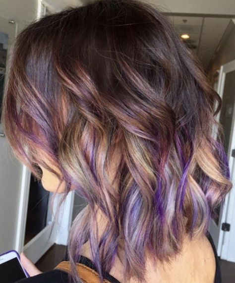 Brown hair with purple, grey, and blonde Purple Brown Hair, Grey Blonde Hair, Grey Blonde, Brown Ombre Hair, Nails Purple, Purple Highlights, Hair Color Purple, Pinterest Hair, Super Nails