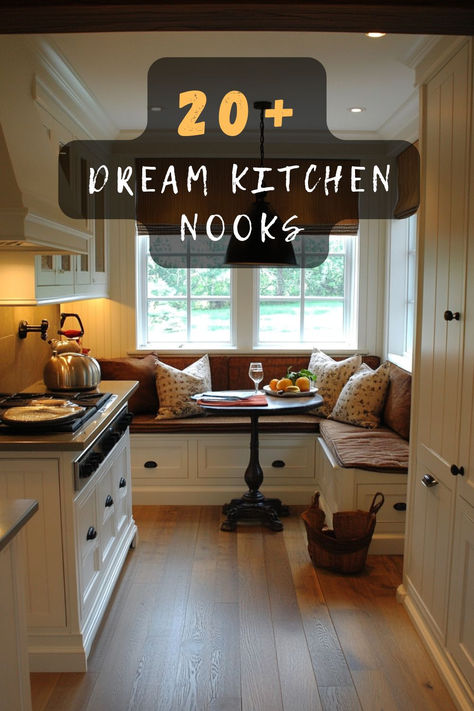 Curious about creating the perfect kitchen nook? Click to uncover design secrets that bring warmth and functionality! 🔍💡 #DesignSecrets #KitchenDesign #NookIdeas #HomeImprovement #StylishInteriors Coffee Nook In Kitchen With Chairs, Cozy Kitchen Sitting Area, Kitchen Hangout Area, Kitchen With Coffee Nook, Built In Kitchen Nook Corner, Kitchen Reading Nook Cozy Corner, Nook Cabinet Ideas, Baking Nook In Kitchen, Narrow Eat In Kitchen